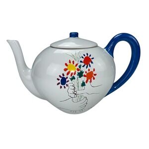 Pablo Picasso Hands and Flowers Blue White Stoneware Ceramic Teapot 1998